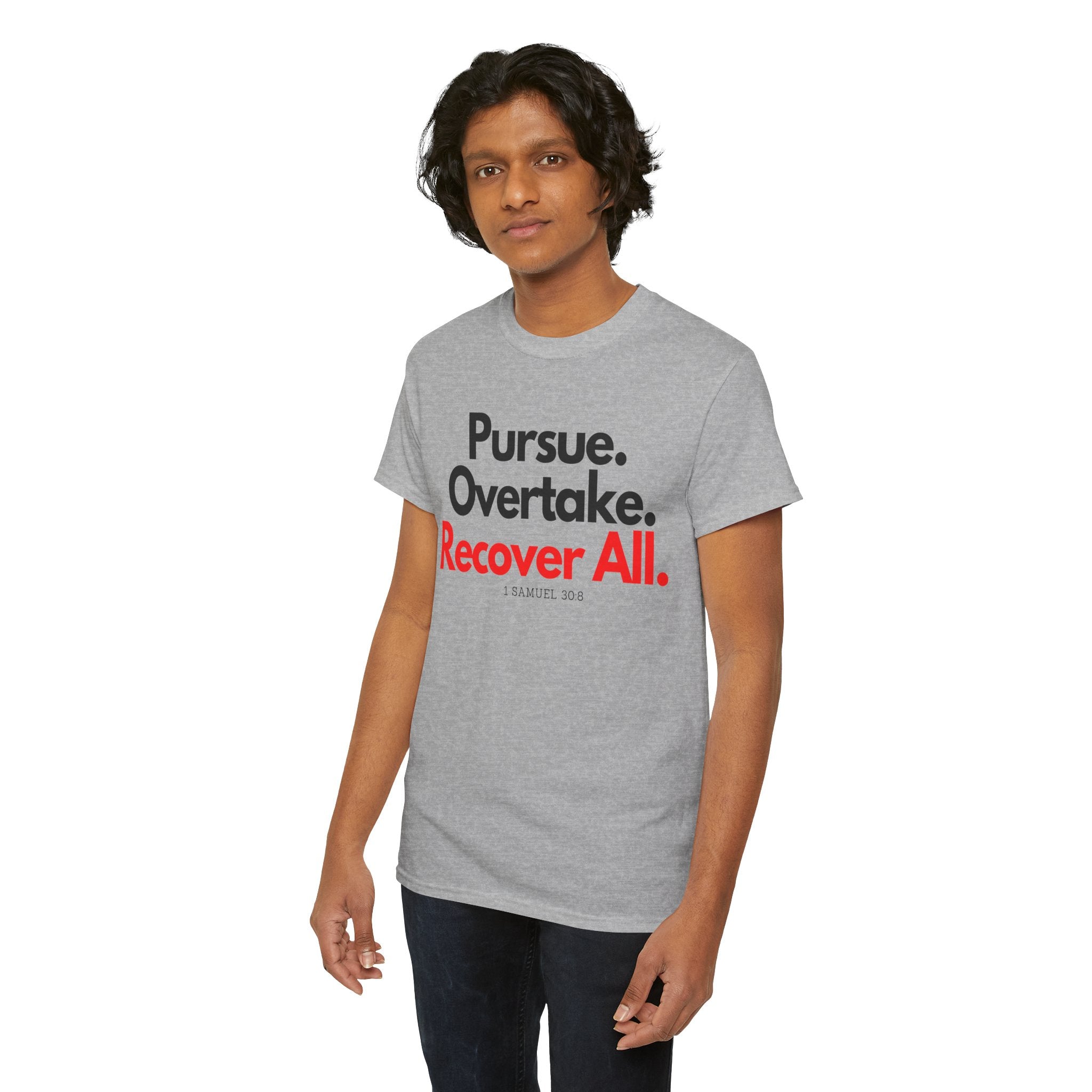 Pursue Overtake Recover All Christian TShirt, Gift for Her, Gift for Him, Christian Shirt, Faith Tee, Grey Top, Scripture Apparel,
