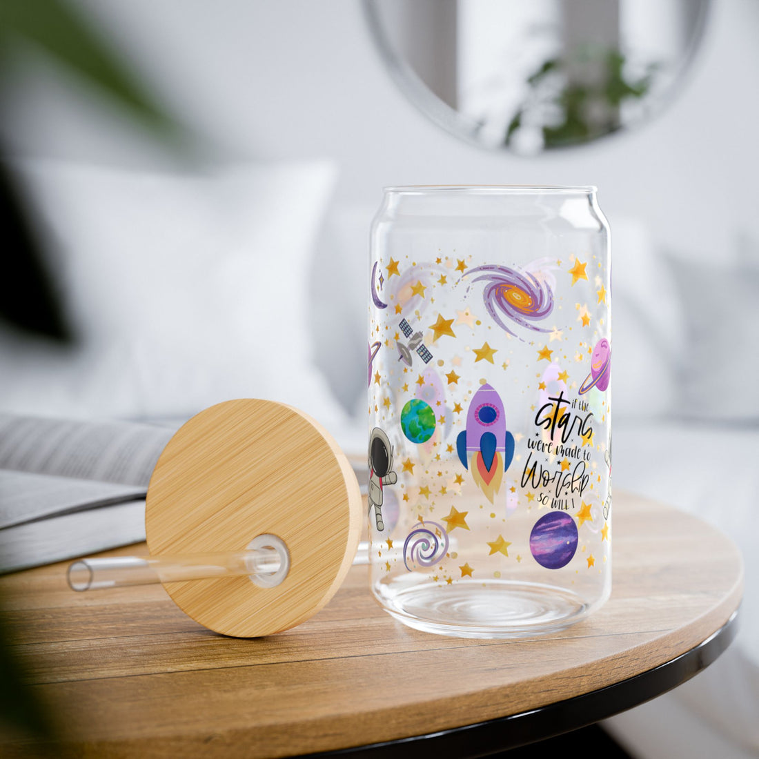 If The Stars Were Made To Worship So Will I-Christian-Galaxy-Themed 16oz Sipper Glass with Straws - Perfect for Space Lovers