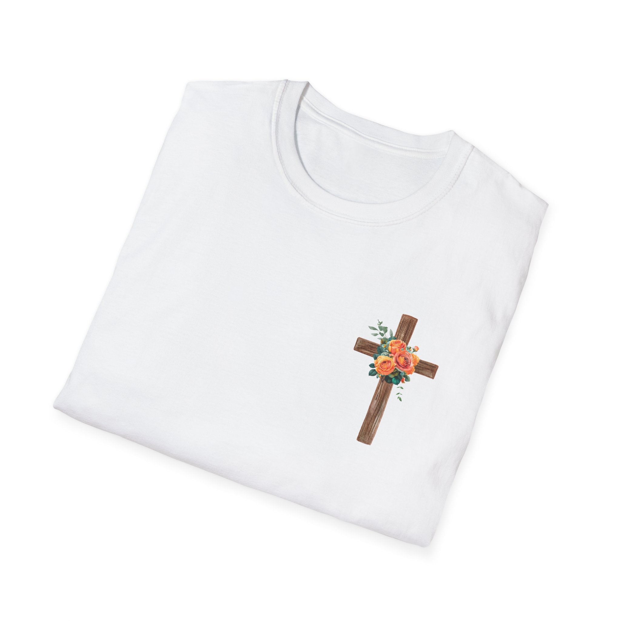 How Great Is Our God Christian T-Shirt – White Short Sleeve Tee with Front Cross & Bright Floral Back Design