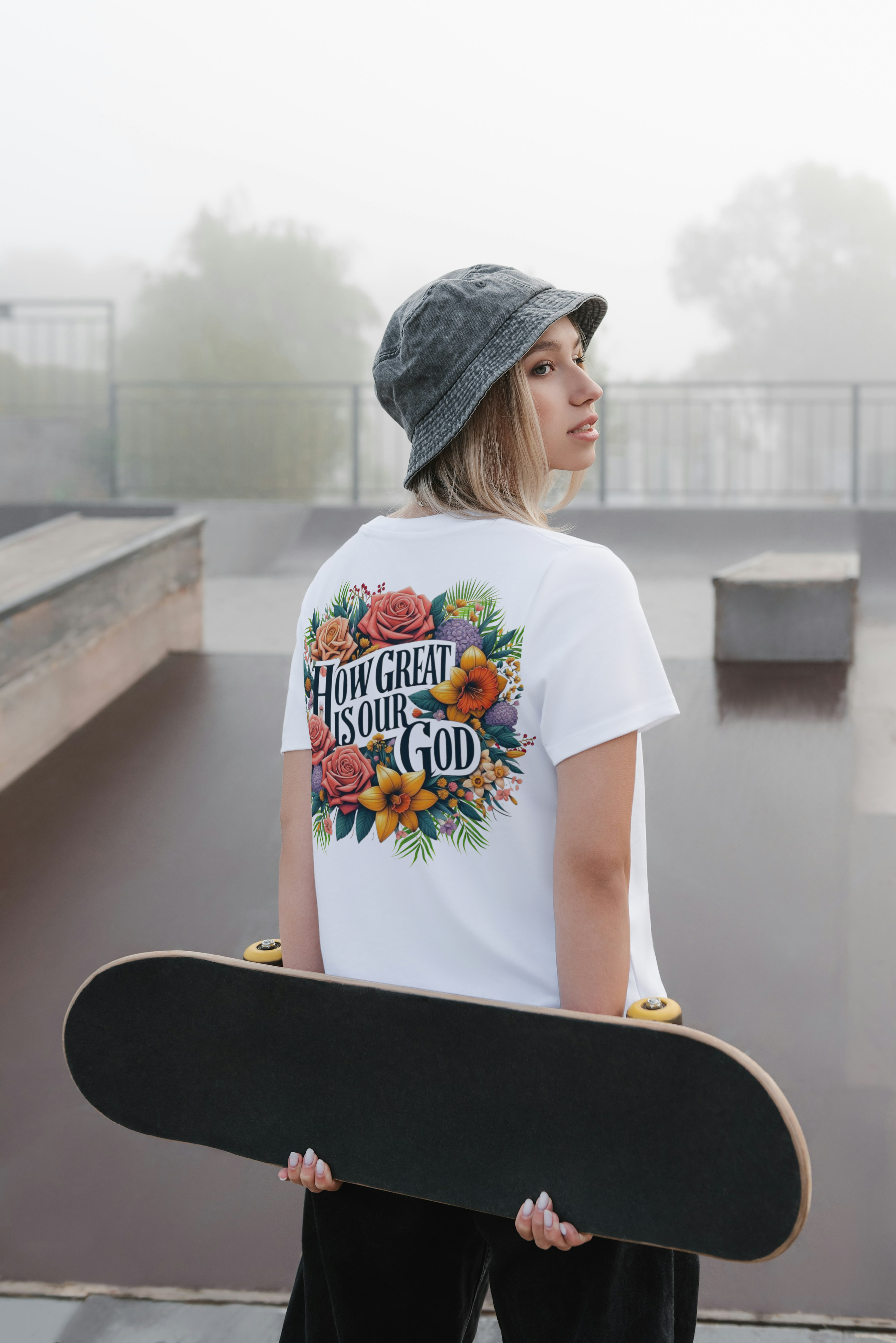 How Great Is Our God Christian T-Shirt – White Short Sleeve Tee with Front Cross & Bright Floral Back Design