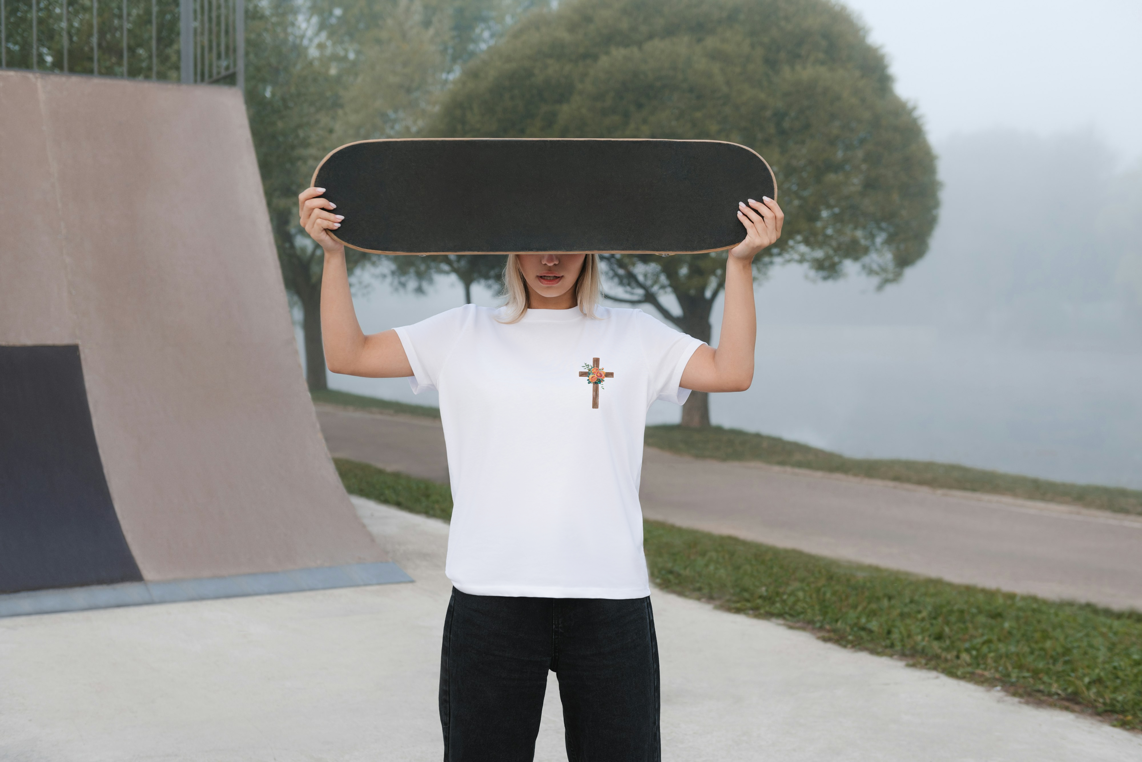 How Great Is Our God Christian T-Shirt – White Short Sleeve Tee with Front Cross & Bright Floral Back Design