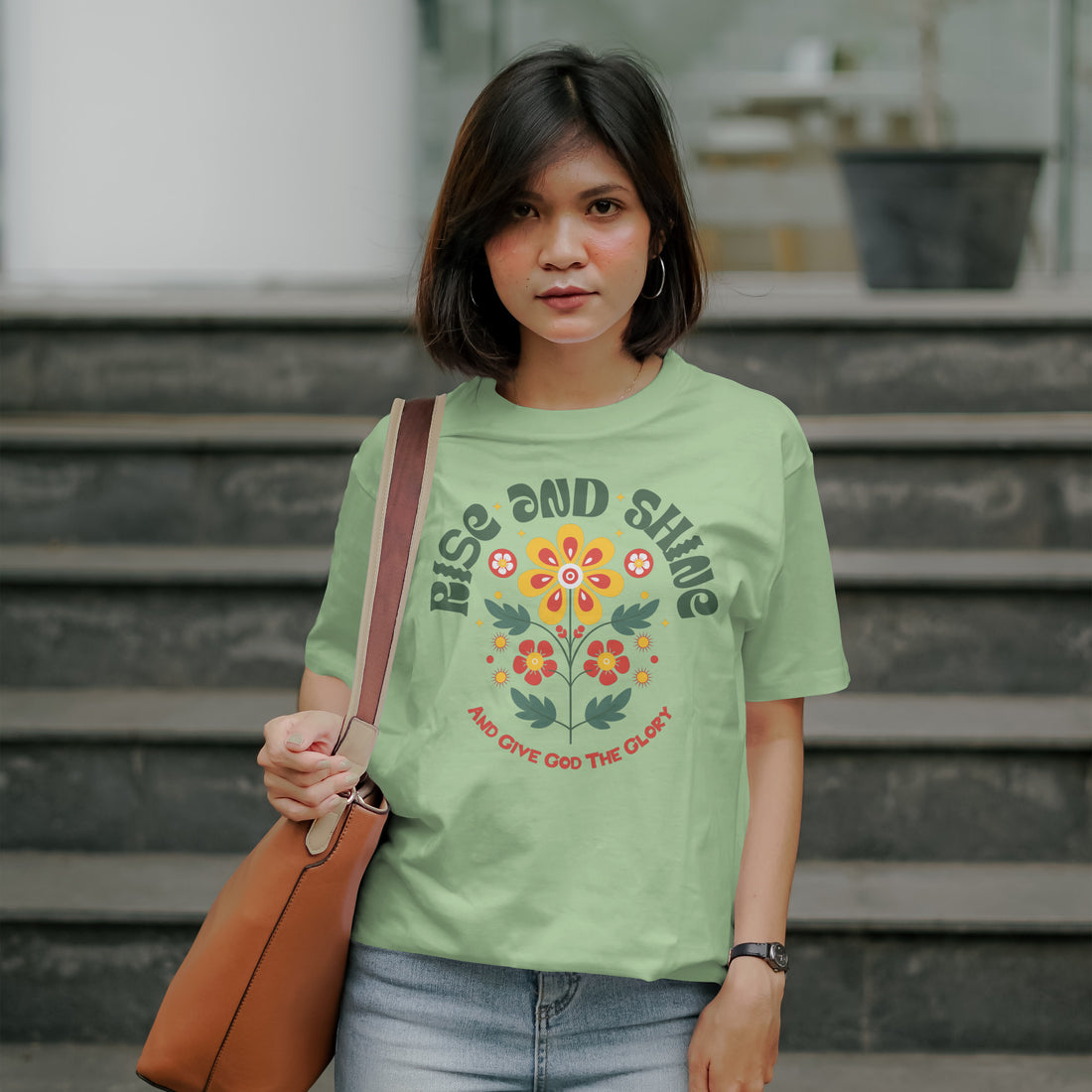 Retro Flower Comfort Tee, Sage Green Unisex Shirt Rise and Shine, Botanical Graphic Tee, Vintage Style Tee