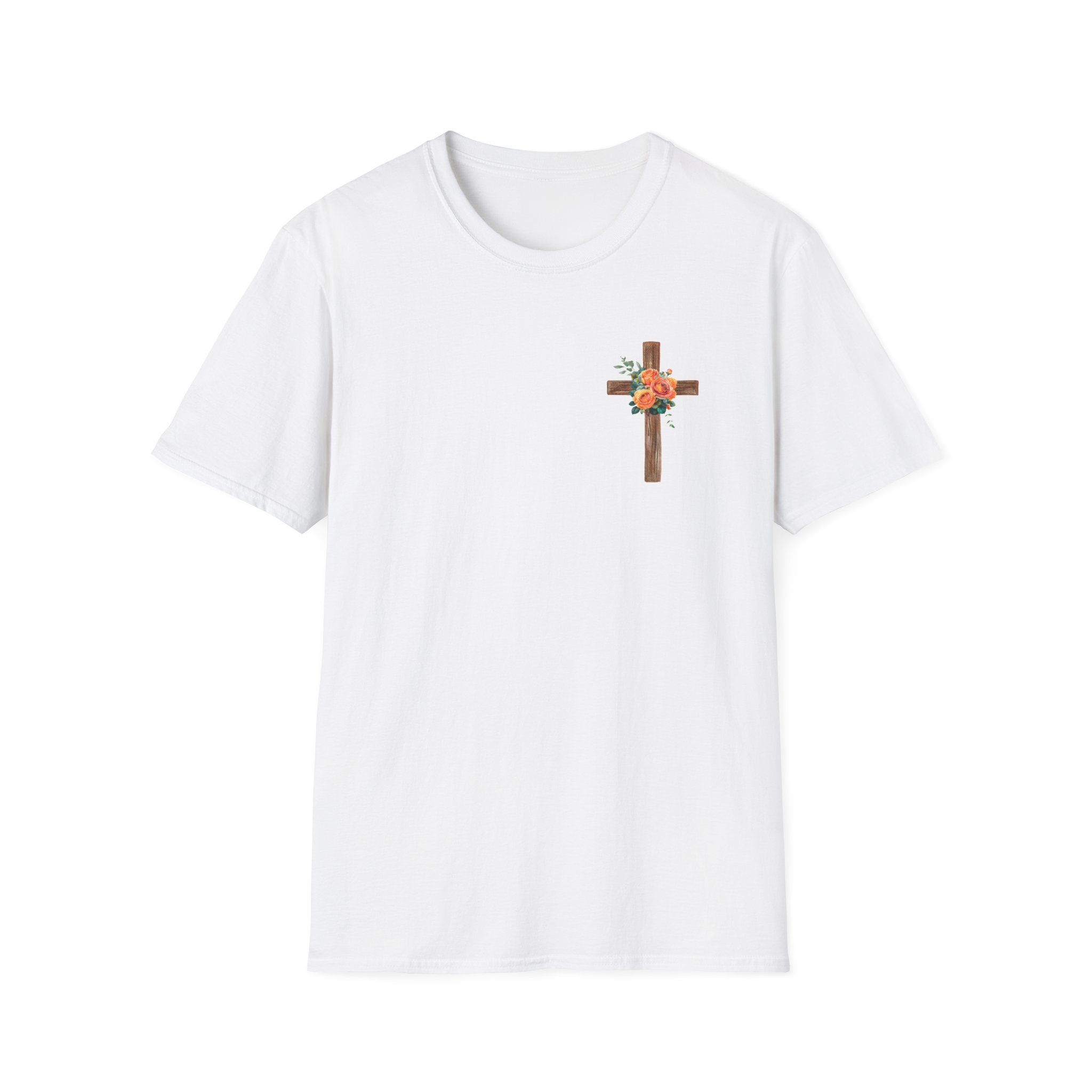 How Great Is Our God Christian T-Shirt – White Short Sleeve Tee with Front Cross & Bright Floral Back Design