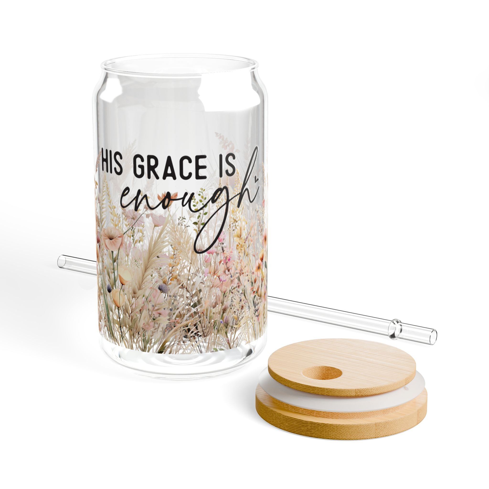 Sipper Glass - His Grace is Enough, 16oz - Christian Boho Floral Design