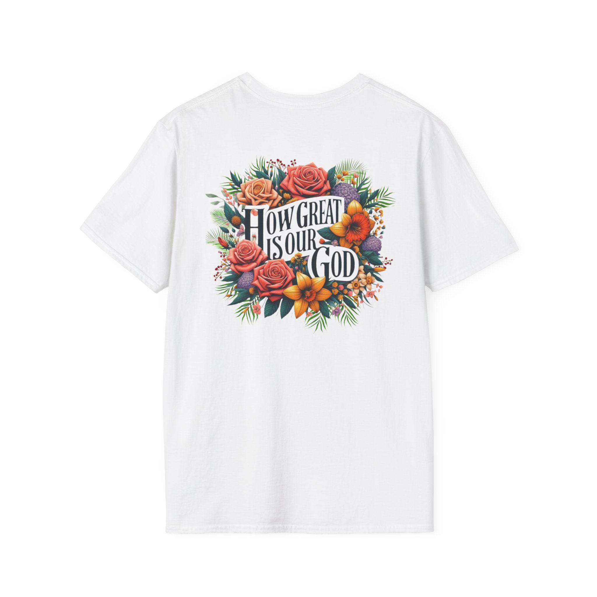 How Great Is Our God Christian T-Shirt – White Short Sleeve Tee with Front Cross & Bright Floral Back Design
