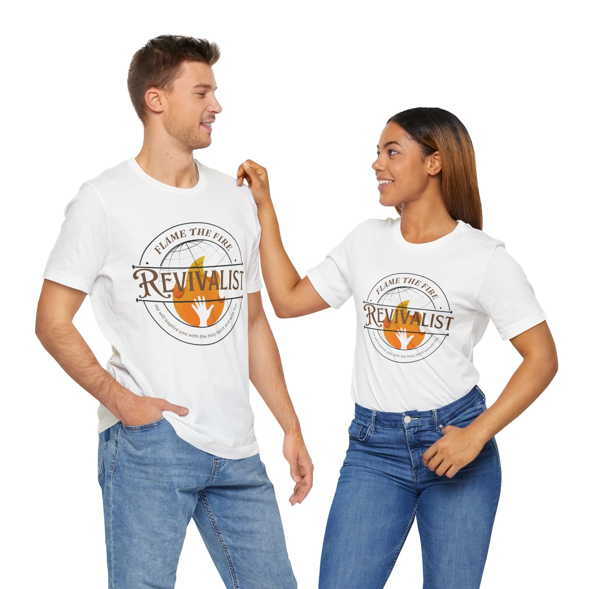 Revivalist Christian T-Shirt – White Short Sleeve Faith Tee with Flame the Fire Design | Holy Spirit Inspired Shirt