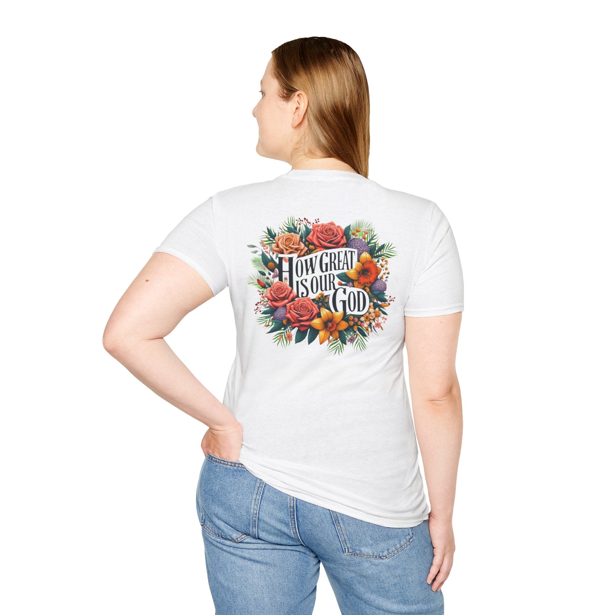 How Great Is Our God Christian T-Shirt – White Short Sleeve Tee with Front Cross & Bright Floral Back Design