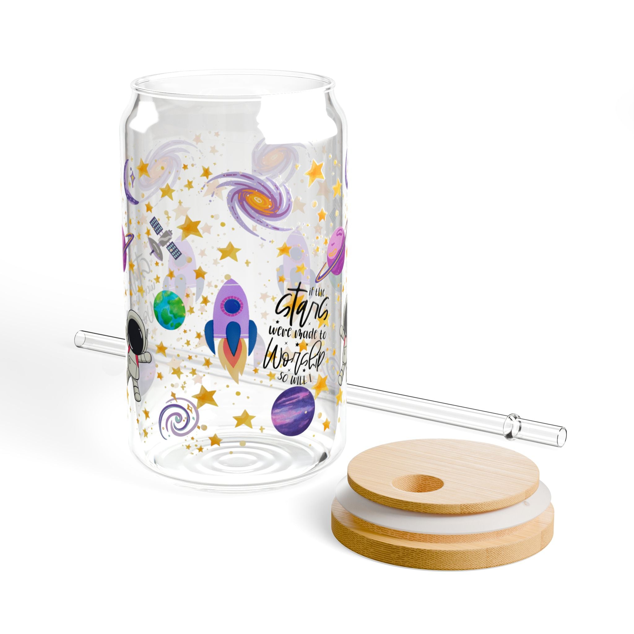 If The Stars Were Made To Worship So Will I-Christian-Galaxy-Themed 16oz Sipper Glass with Straws - Perfect for Space Lovers