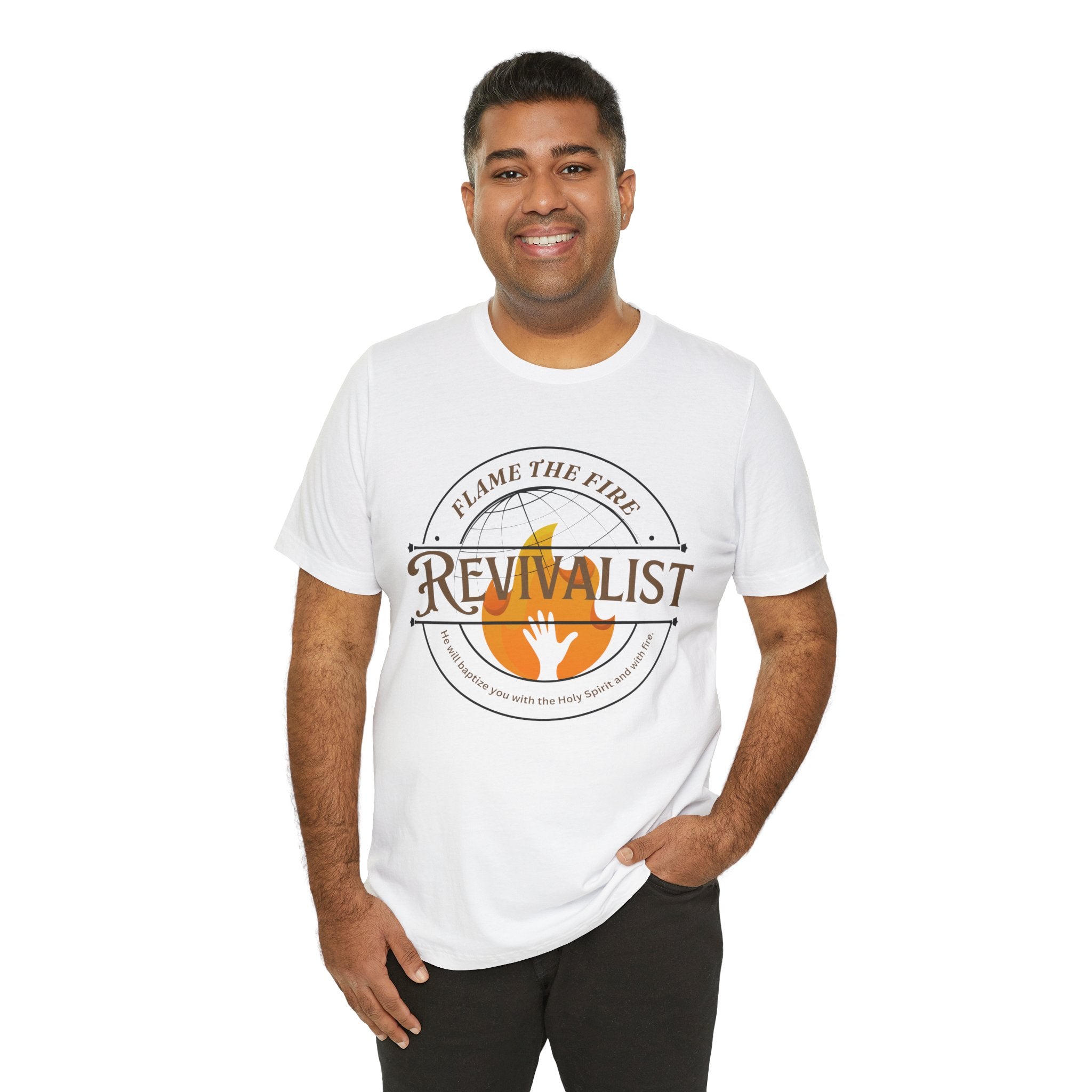 Revivalist Christian T-Shirt – White Short Sleeve Faith Tee with Flame the Fire Design | Holy Spirit Inspired Shirt