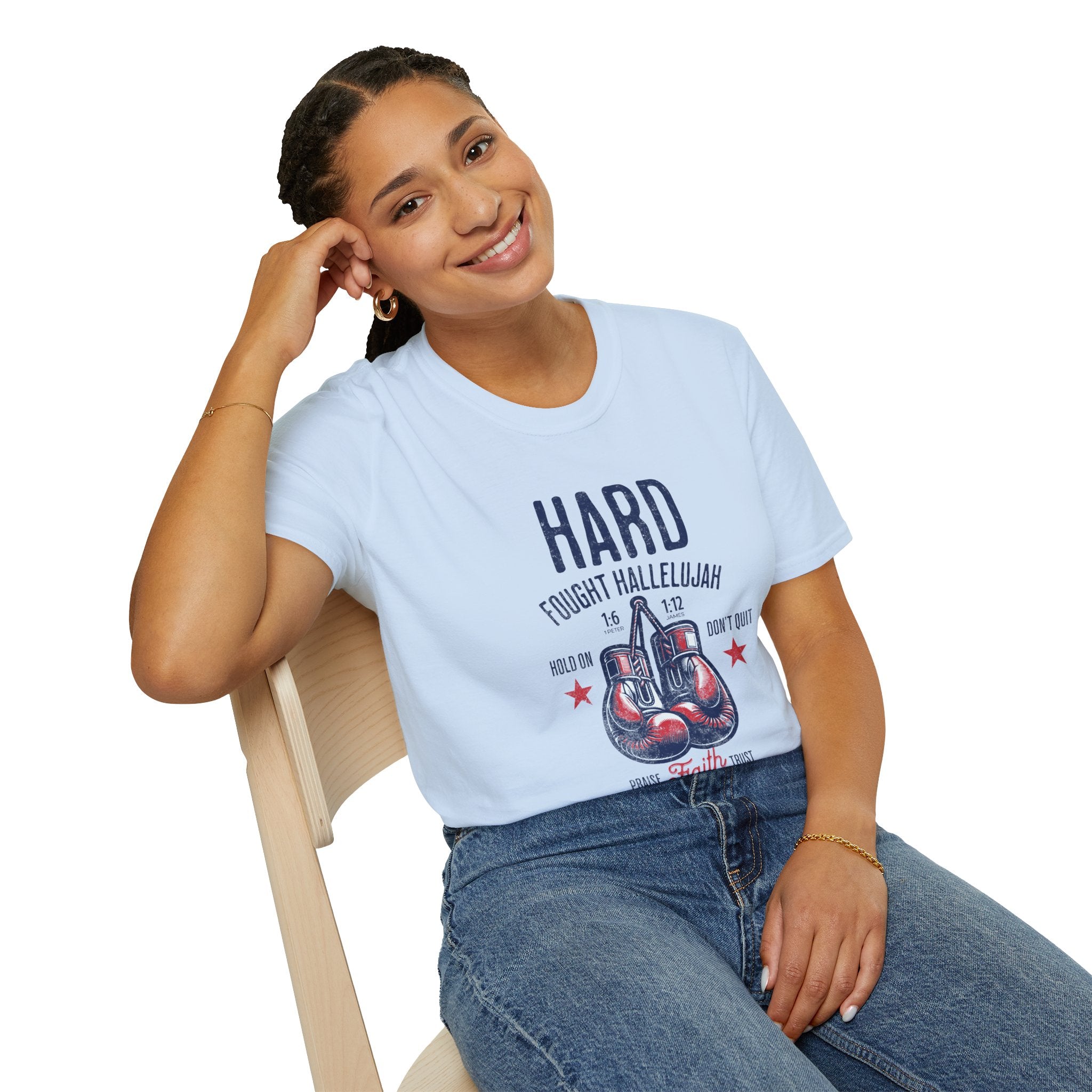Hard Fought Hallelujah Christian T-Shirt – Faith Boxing Gloves Shirt – Inspirational Scripture Tee