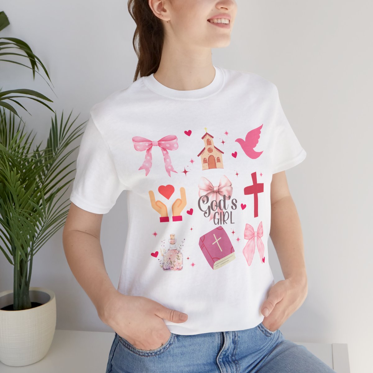 God's Girl Pink T-Shirt, Soft Cotton Christian Tee, Girly Bow Coquette Top